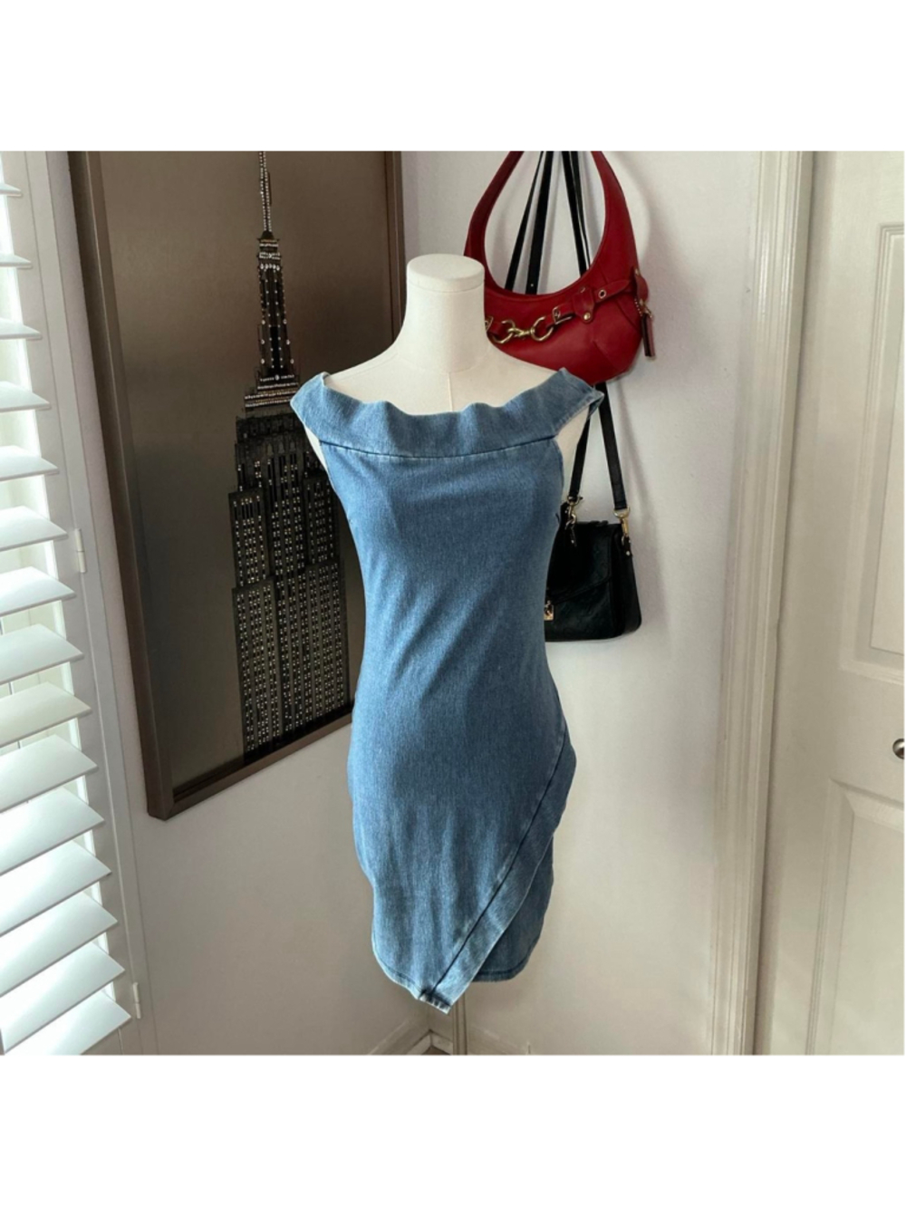 A’GACI Y2K Denim Off Shoulder Bodycon Mini Dress Medium